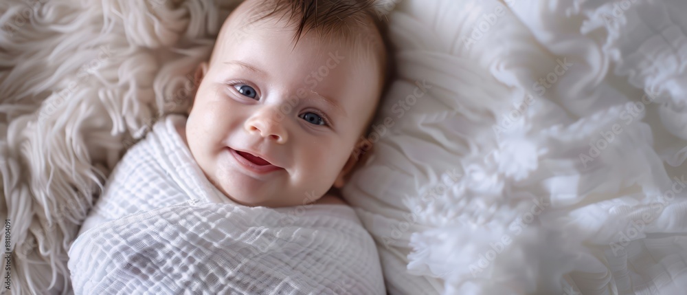 A Smiling Baby Wrapped In A White Blanket Lying On A Soft, White Surface