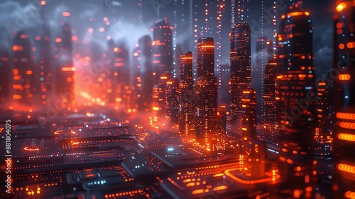 Futuristic cityscape with high-rise buildings illuminated by vibrant neon lights on a misty night, portraying a cyberpunk-themed metropolis. photo