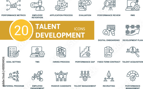 Talent Development thin line icon set. Performance Metrics, Employee Retention, Application Process, Evulation, Performance Review, Rms, Digital Onboarding, Development Plan, Goal Setting, Tms icons