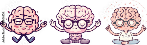 Set of cartoon brains with glasses doing yoga, flat vector illustration on white background.