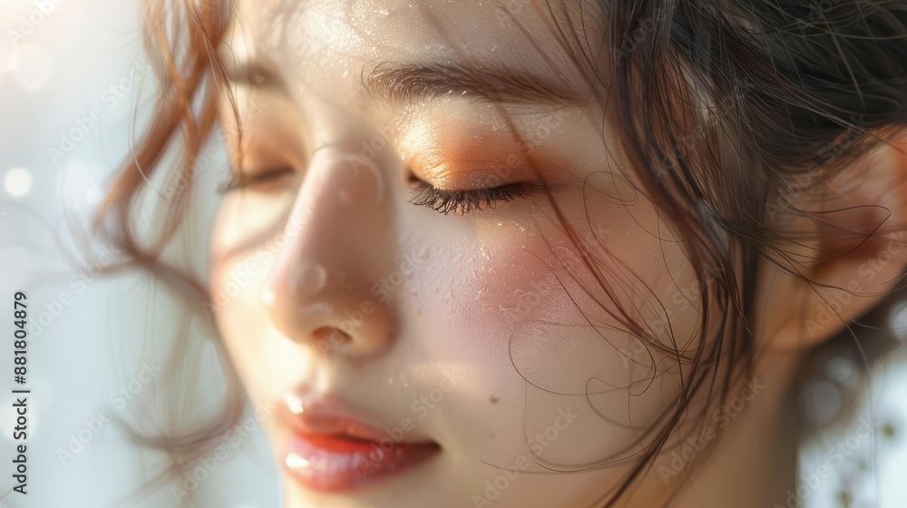 A young woman with brown eyes and soft, curly hair closes her eyes in a moment of peace. The warm light of the sun shines on her face, illuminating her skin. A young woman with brown eyes and soft, curly hair closes her eyes in a moment of peace. The warm light of the sun shines on her face, illuminating her skin.