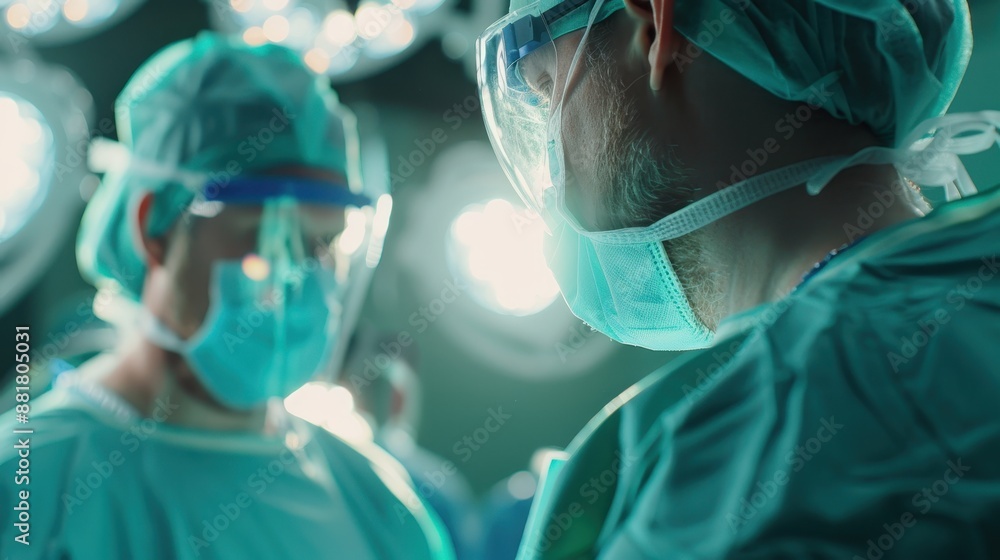 Surgeons in Operating Room Performing Surgery with Focused Expressions and Bright Surgical Lights Surgeons in Operating Room Performing Surgery with Focused Expressions and Bright Surgical Lights