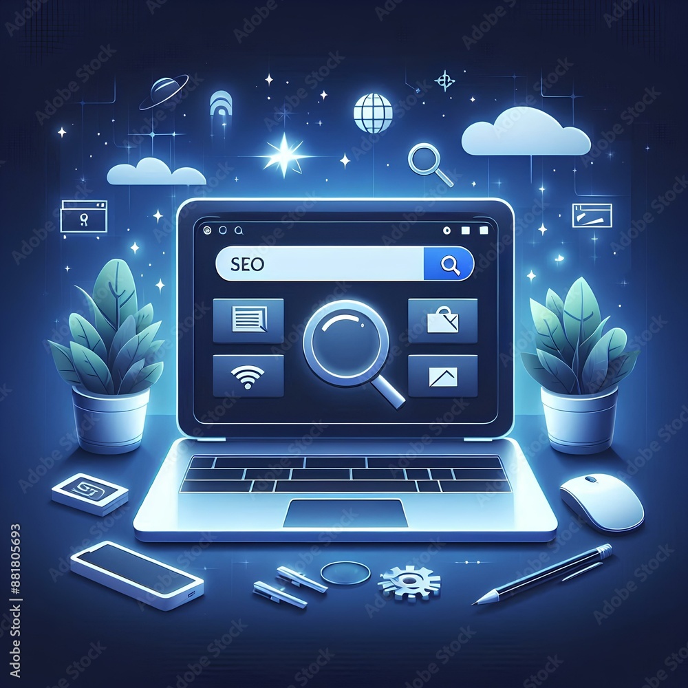Laptop with a search bar on the screen, representing SEO strategies and technological advancements. Laptop with a search bar on the screen, representing SEO strategies and technological advancements.