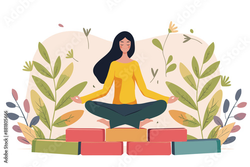 Woman Meditating on Standing Domino, Mindfulness and Stress Reduction Concept for Spiritual Wellness and Success