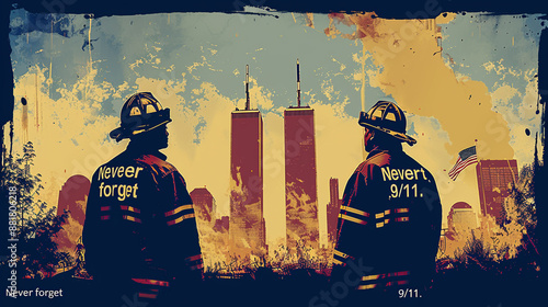 Patriotic Tribute to 9/11 with Firefighters Honoring Twin Towers - Never Forget