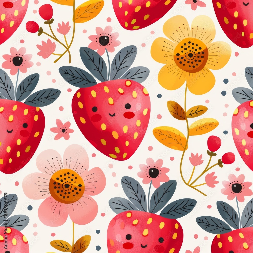 Cheerful Strawberries and Flowers Seamless Pattern Cheerful Strawberries and Flowers Seamless Pattern