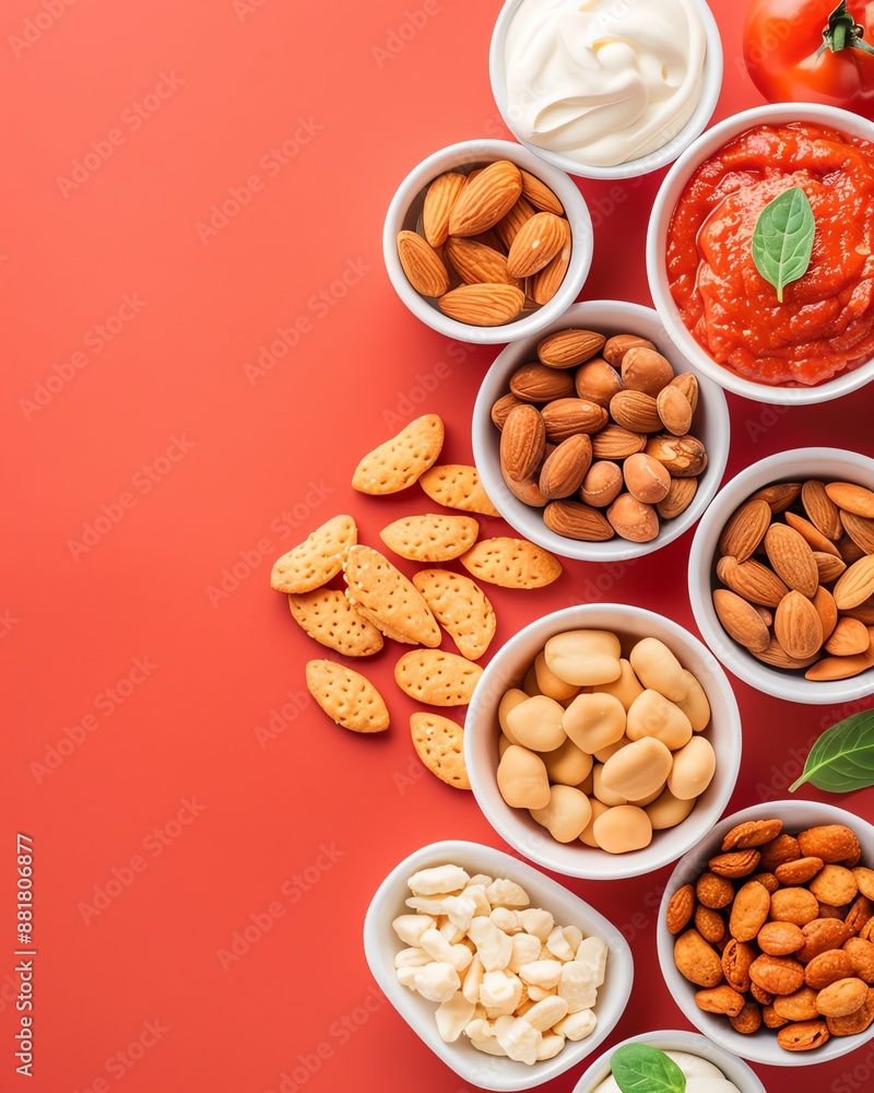Assortment of snacks and dips on red background. Assortment of snacks and dips on red background.