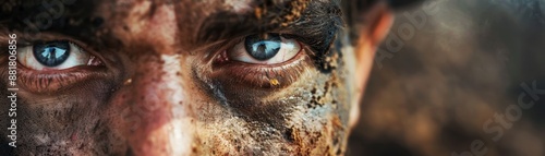 Intense Close-Up of Man's Eyes Covered in Mud and Dirt, Reflecting Determination and Strength photo