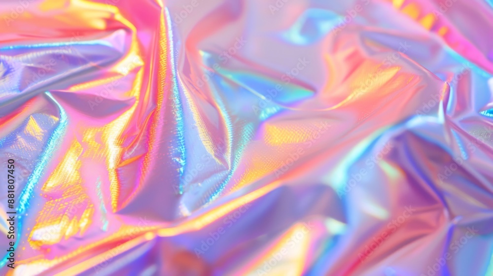 Fototapeta premium high res full frame macro photo of abstract pastel iridescent holographic foil background with light leaks. holo color wrinkled material. cool glitter surface with shiny rainbow feel