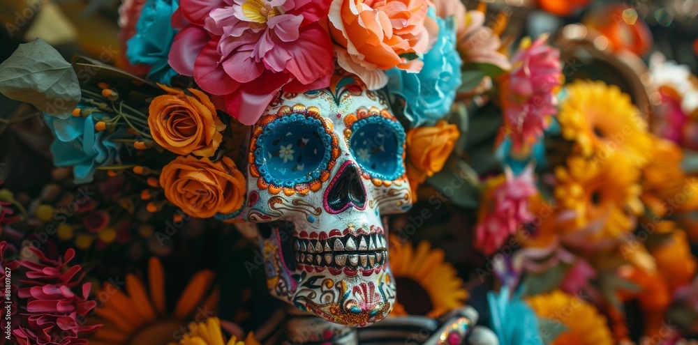 A vibrant Day of the Dead celebration featuring a decorated skeleton adorned with floral accents, capturing the colorful and festive atmosphere of the traditional Mexican holiday. A vibrant Day of the Dead celebration featuring a decorated skeleton adorned with floral accents, capturing the colorful and festive atmosphere of the traditional Mexican holiday.