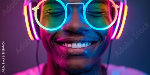 Close-up of a person wearing neon glasses and headphones, smiling with eyes closed, immersed in colorful vibrant light, enjoying music.