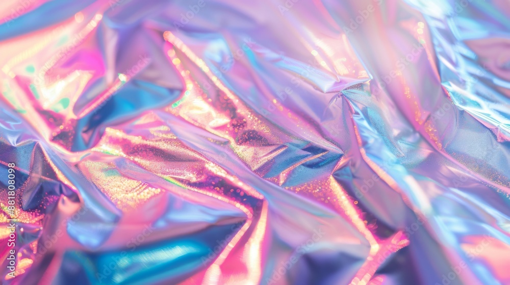Fototapeta premium high res full frame macro photo of abstract pastel iridescent holographic foil background with light leaks. holo color wrinkled material. cool glitter surface with shiny rainbow feel
