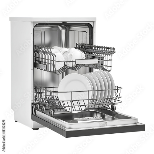 Modern Dishwasher with Open Door and Loaded Dishes Isolated on Transparent Background