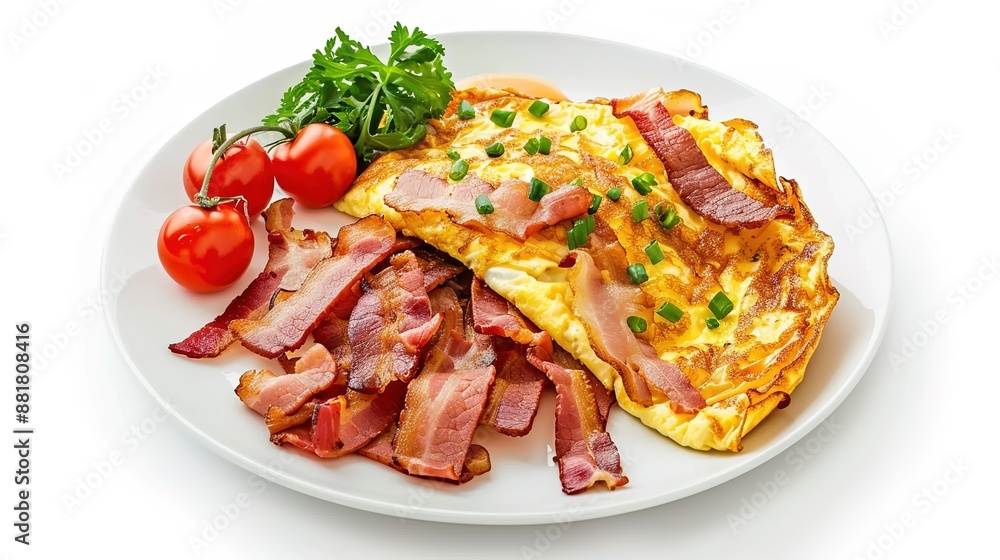 Delicious Omelette with Crispy Bacon on a Clean White Plate Delicious Omelette with Crispy Bacon on a Clean White Plate
