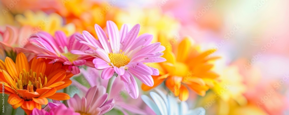 Fototapeta premium Closeup of bright flowers in a bed, intricate details, vibrant colors, natural harmony