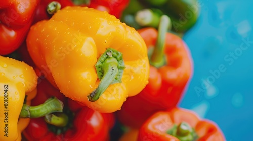 Bell pepper, a vibrant and crunchy vegetable close up, pastel color background, dynamic, Fusion, farmers market