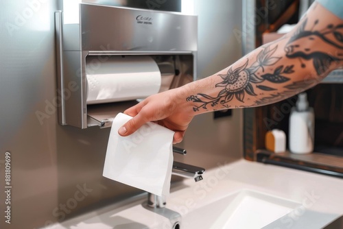 A man pulling out hand paper from hand paper towel dispanser photo