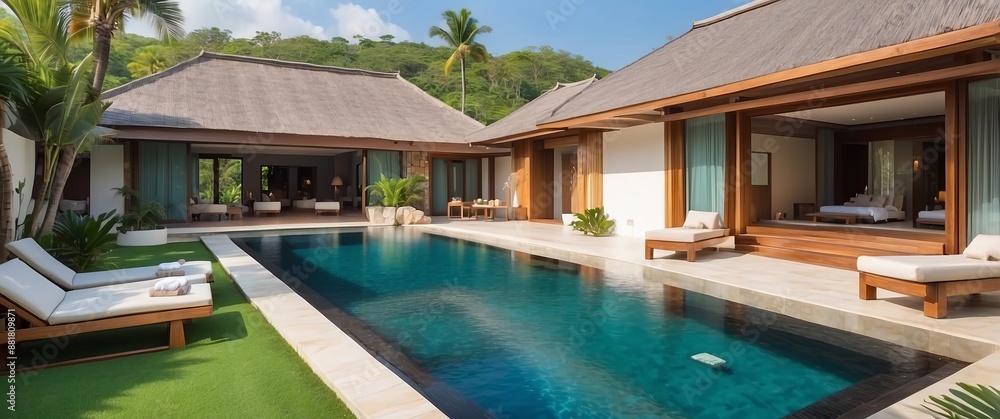 Luxurious tropical villa with a serene pool, modern architecture, and lush surroundings, ideal for a peaceful retreat or exotic vacation getaway Luxurious tropical villa with a serene pool, modern architecture, and lush surroundings, ideal for a peaceful retreat or exotic vacation getaway
