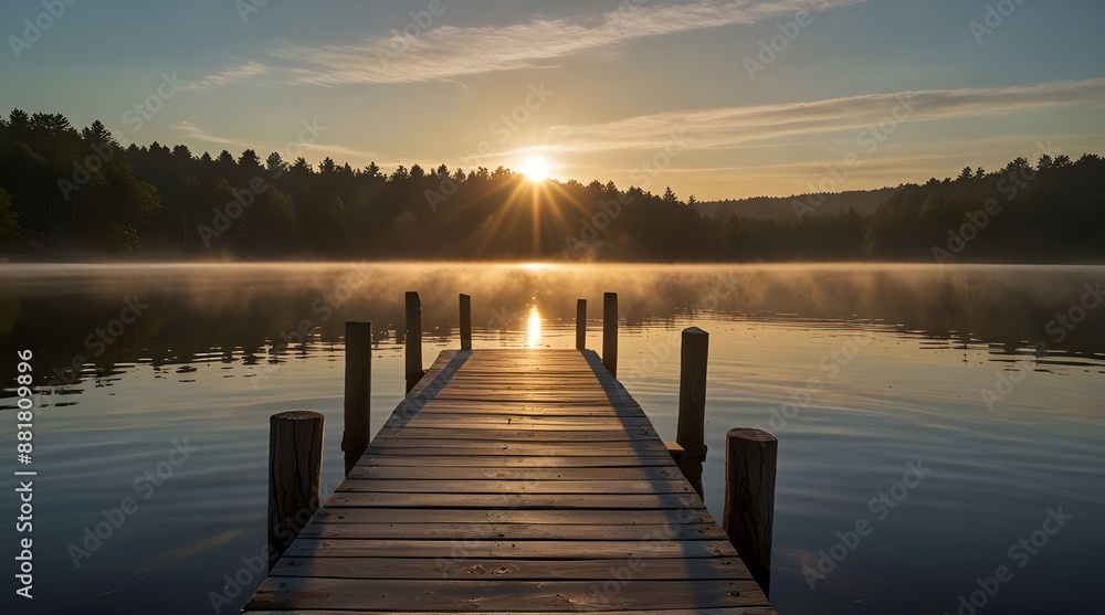 Obraz premium Sun and mist on boat dock at sunrise on a summer day. generative.ai
