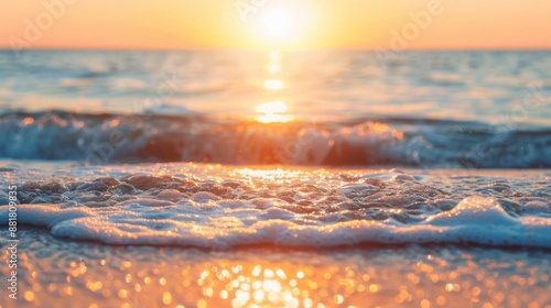 Fototapeta Naklejka Na Ścianę i Meble -  Closeup sea sand beach. Panoramic beach landscape. Inspire tropical beach seascape horizon. Orange and golden sunset sky calmness tranquil relaxing sunlight summer mood. Vacation travel holiday banner