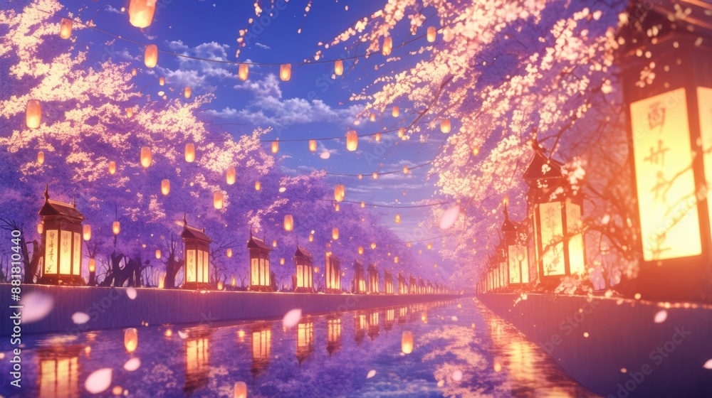 A cherry blossom festival with lanterns in the evening A cherry blossom festival with lanterns in the evening
