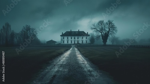 Eerie, gloomy, and atmospheric image of an old spooky mansion with a long driveway, surrounded by barren trees under a stormy sky.