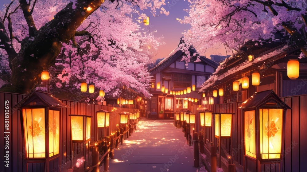 A cherry blossom festival with lanterns in the evening A cherry blossom festival with lanterns in the evening