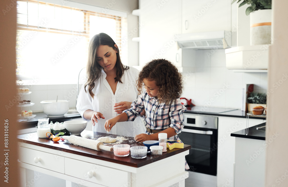 Teaching, mom or kid baking with pin or dough in kitchen for child development to prepare cookies in home. Mother, education or daughter learning pastry recipe for meal, cooking dessert or bonding Teaching, mom or kid baking with pin or dough in kitchen for child development to prepare cookies in home. Mother, education or daughter learning pastry recipe for meal, cooking dessert or bonding