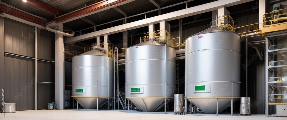 A modern industrial facility with large metal storage tanks and advanced machinery, ideal for manufacturing, processing, and bulk storage operations A modern industrial facility with large metal storage tanks and advanced machinery, ideal for manufacturing, processing, and bulk storage operations