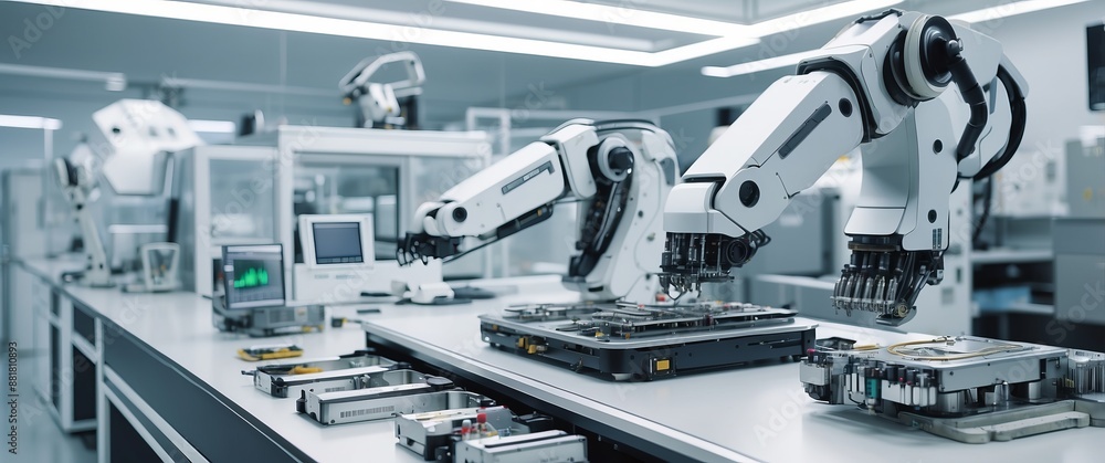 High tech manufacturing facility with robotic arms and advanced machinery, representing automation and modern industry technology in a futuristic factory High tech manufacturing facility with robotic arms and advanced machinery, representing automation and modern industry technology in a futuristic factory