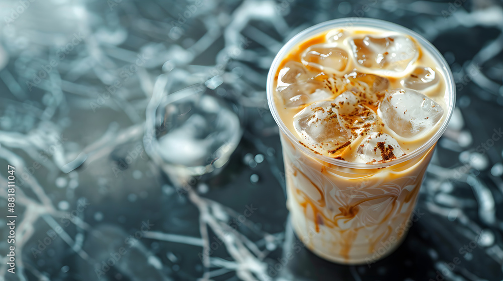 Iced Espresso coffee on plastic cup place black marble background. Copy space your text Iced Espresso coffee on plastic cup place black marble background. Copy space your text