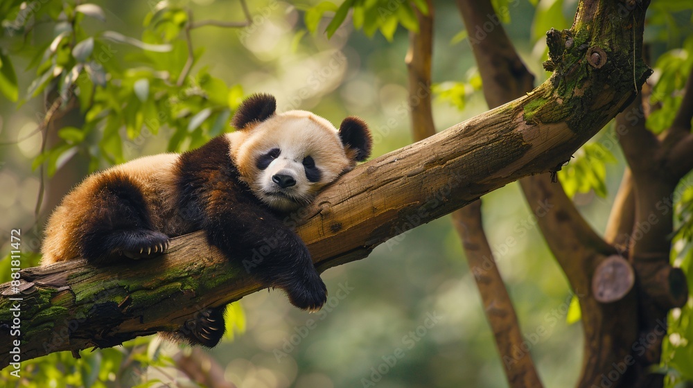 Fototapeta premium A relaxed panda bear curled up on a branch.