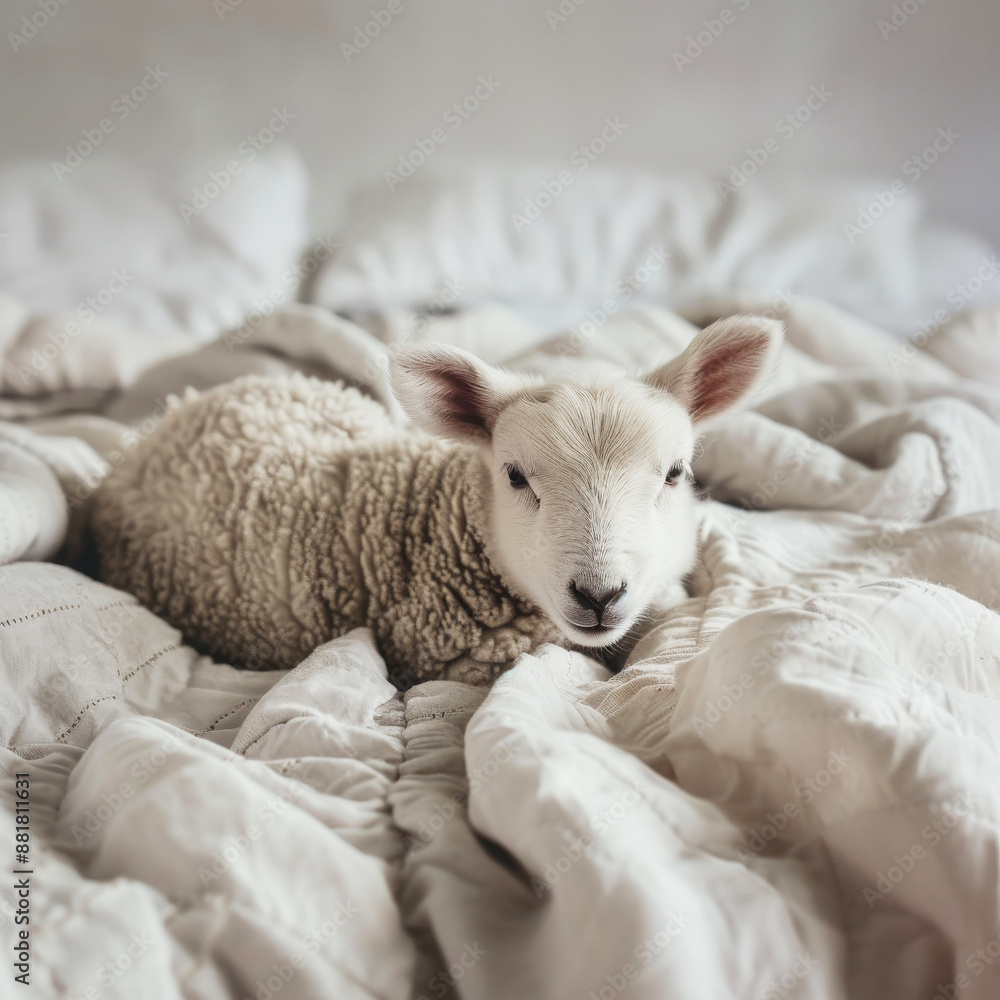 Naklejka premium Lovely white lamb resting on cozy knit blankets. Comfort sleeping vibes
