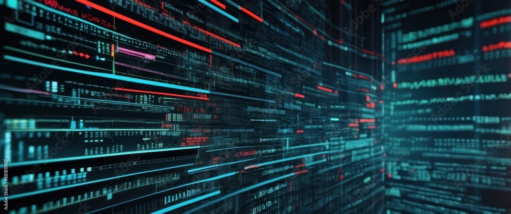 Futuristic depiction of flowing data and code, set against a dark background Ideal for illustrating concepts like cybersecurity, programming, and digital networks Futuristic depiction of flowing data and code, set against a dark background Ideal for illustrating concepts like cybersecurity, programming, and digital networks
