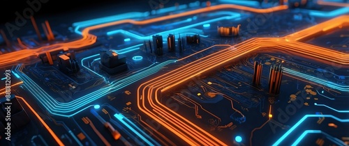 Futuristic circuit board with glowing neon blue and orange lights, representing advanced technology and digital innovation