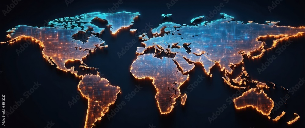 A digital, neon glowing world map highlighting global connectivity and technology networks, ideal for concepts like innovation, cyberspace, and international communication A digital, neon glowing world map highlighting global connectivity and technology networks, ideal for concepts like innovation, cyberspace, and international communication