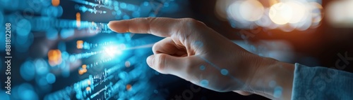 Close-Up of Hand Interacting with Digital Interface Displaying Data and Code in a High-Tech Environment