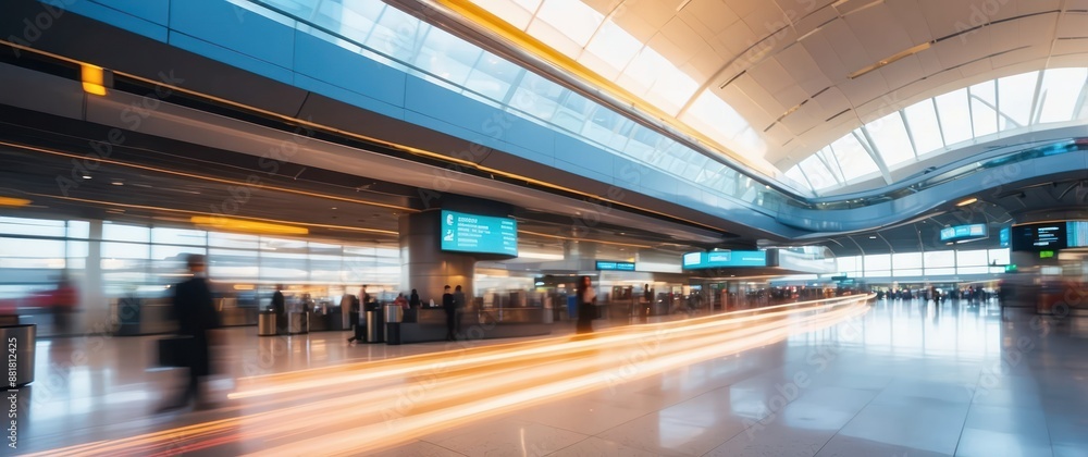 Fototapeta premium Modern airport terminal with passengers in motion, featuring sleek architecture and bright lighting, perfect for travel and transportation concepts