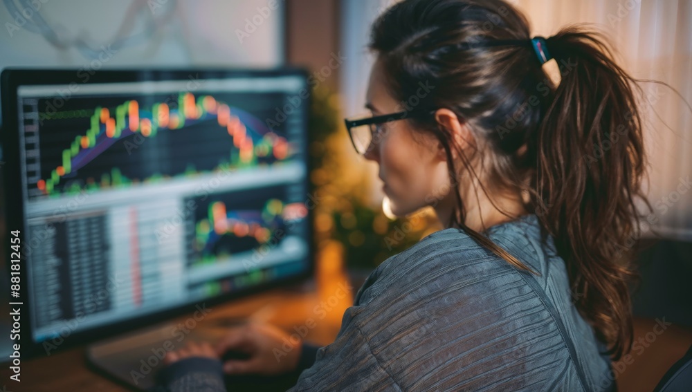 A brunette financial advisor reviewing reports on her computer screen A brunette financial advisor reviewing reports on her computer screen
