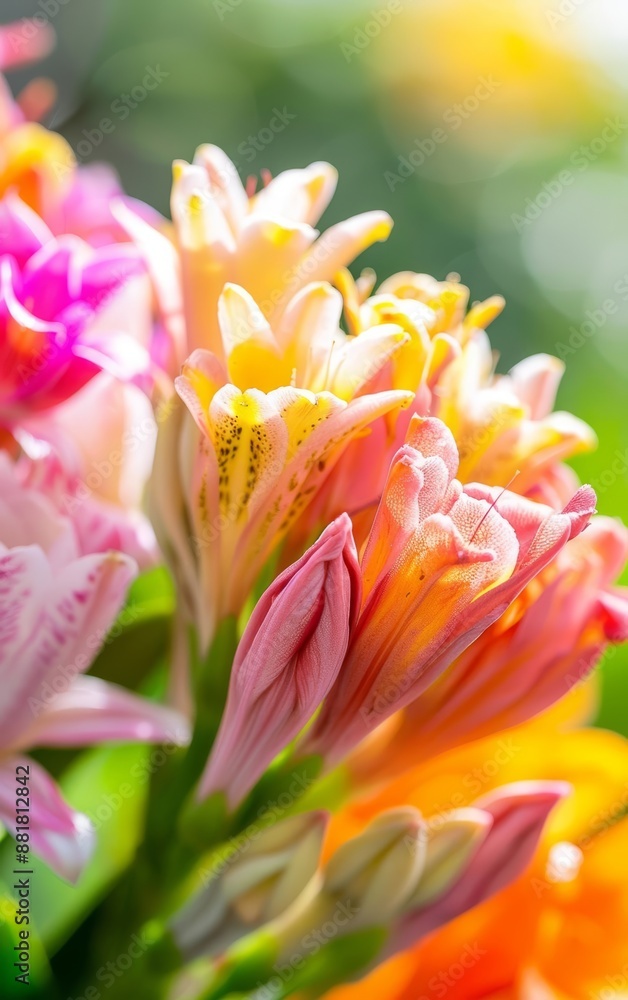 Fototapeta premium Closeup of nectarrich flowers in a greenhouse, intricate details, vibrant colors, natural harmony