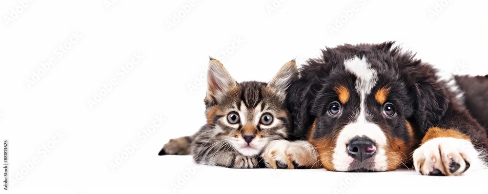 Fototapeta premium Adorable Bernese Mountain Dog puppy and kitten cuddling on a white background. Free copy space for banner.