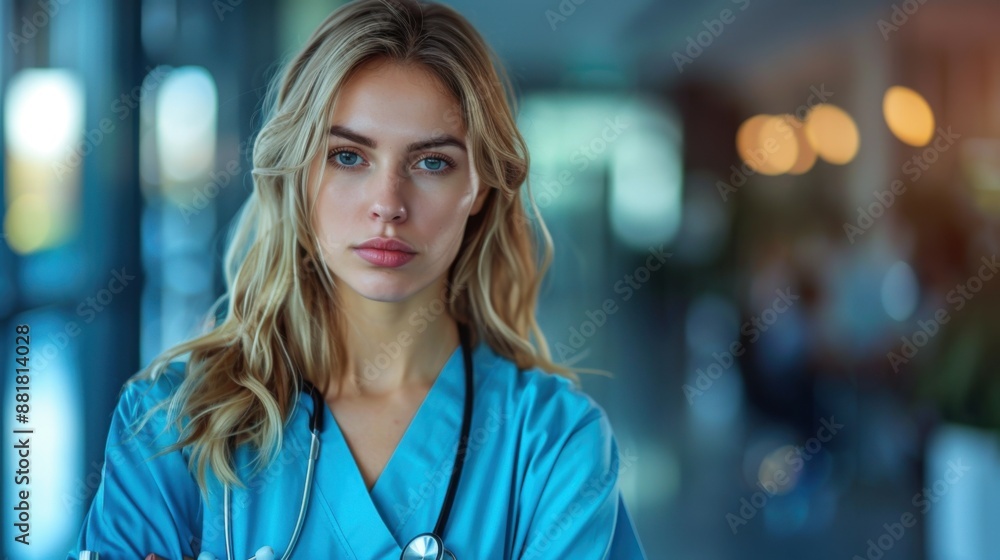 image of a tired female doctor in a medical uniform. image of a tired female doctor in a medical uniform.