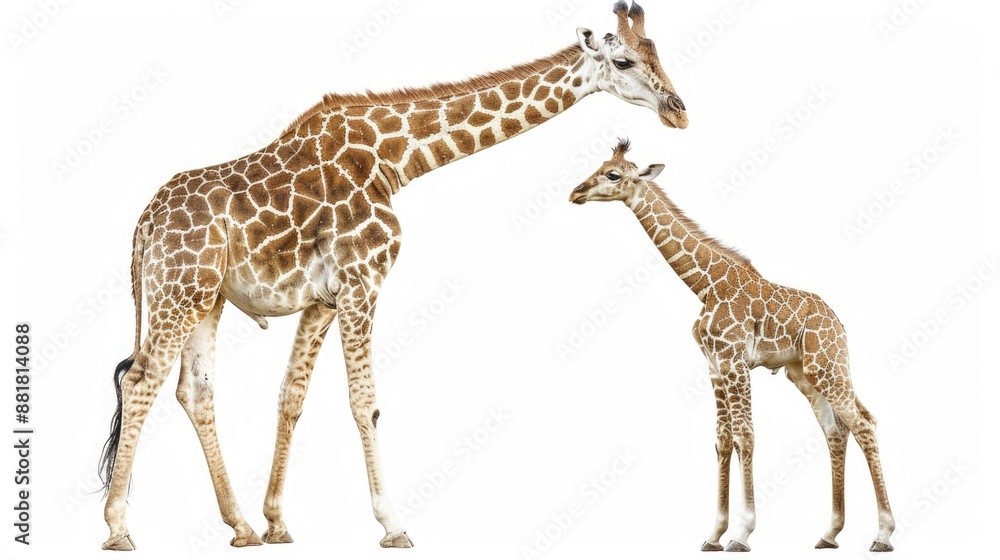 Obraz premium Two long-necked giraffes stand side by side against a clean white background