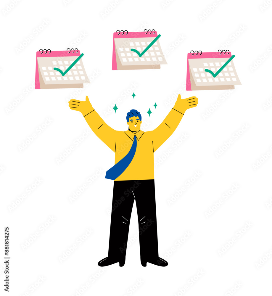 Observation carefully concept. Business man being happy with correct signs on calendars. Flat vector illustration isolated on white background Observation carefully concept. Business man being happy with correct signs on calendars. Flat vector illustration isolated on white background