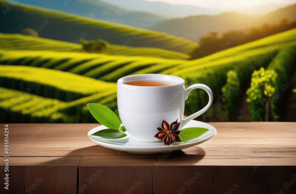 White cup of tea at morning on wooden surface, plantation on background with empty space for text. Organic natural product for healthy life. Tea production White cup of tea at morning on wooden surface, plantation on background with empty space for text. Organic natural product for healthy life. Tea production