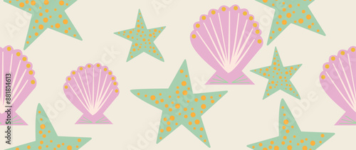 Vector flat illustration. Seamless sea shells in pastel colors. In cartoon style. Cute underwater themed print. Ideal for gift wrapping, posters, covers, screensavers, textile decor, etc.