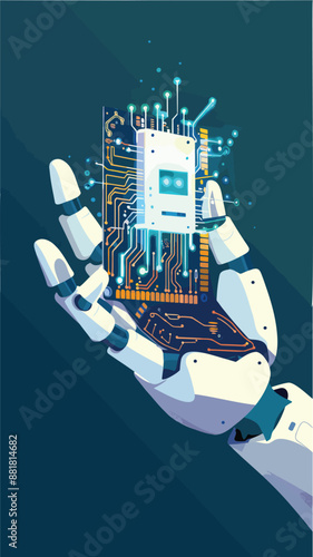 Robotic Hand Holding Processor Chip with AI Word, Generative Artificial Intelligence and Machine Learning Concept