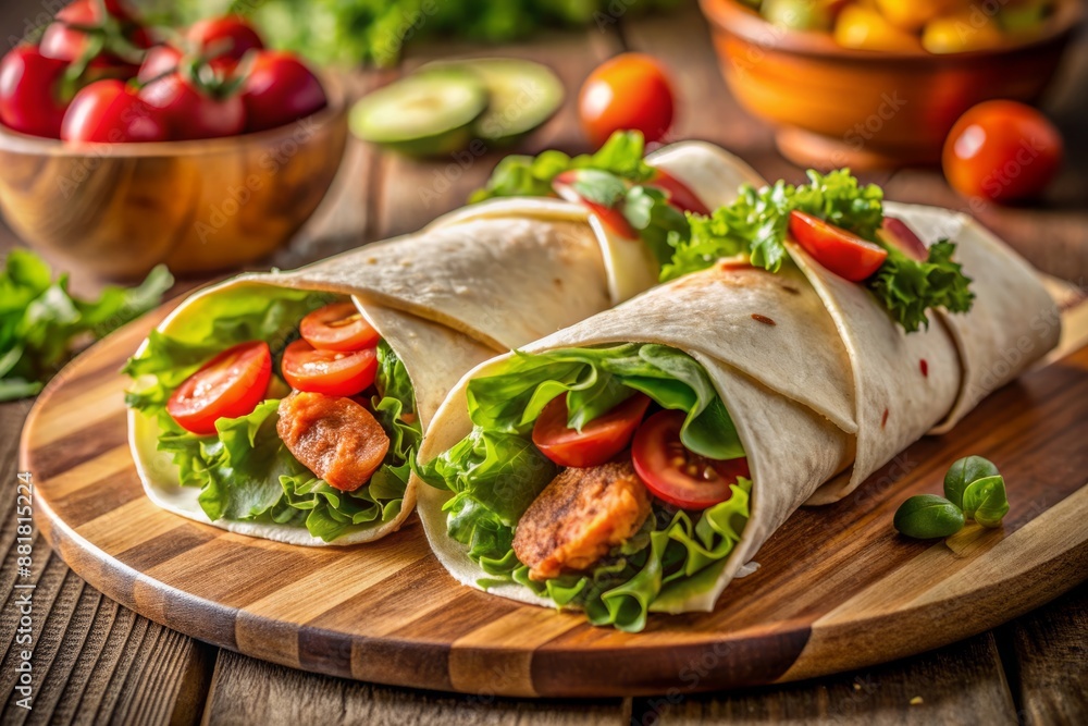 Freshly prepared chicken wraps with crunchy green salad, sliced cucumbers, cherry tomatoes, and carrots on a modern kitchen countertop with a warm lighting atmosphere. Freshly prepared chicken wraps with crunchy green salad, sliced cucumbers, cherry tomatoes, and carrots on a modern kitchen countertop with a warm lighting atmosphere.
