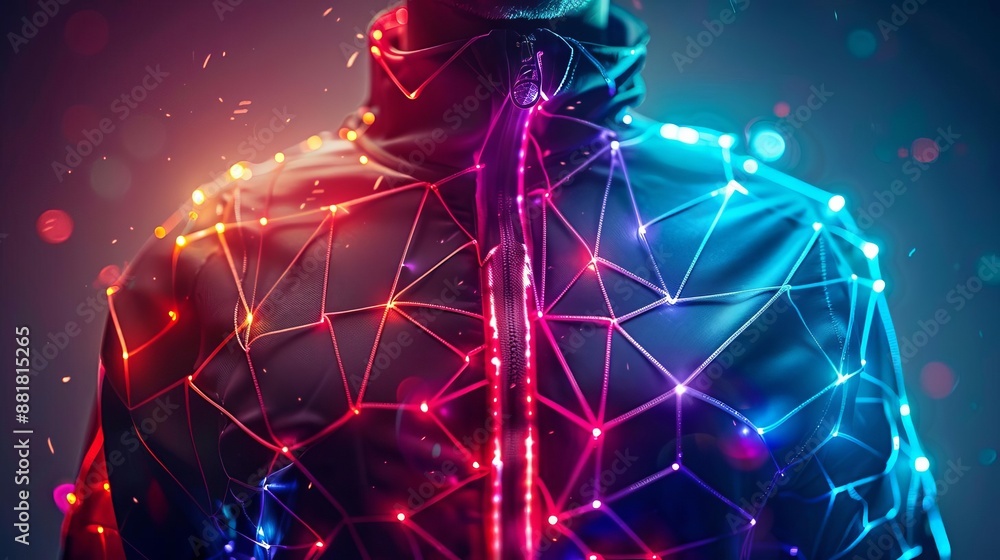 Futuristic LED jacket with colorful lights and digital network mesh. Perfect for technology, fashion, and innovation themes. Futuristic LED jacket with colorful lights and digital network mesh. Perfect for technology, fashion, and innovation themes.