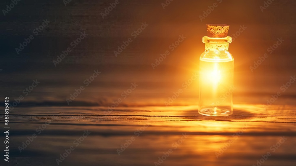 Glass bottle glowing with orange light on a rustic wooden surface, symbolizing warmth, magic, and hope in a dark ambiance. Glass bottle glowing with orange light on a rustic wooden surface, symbolizing warmth, magic, and hope in a dark ambiance.